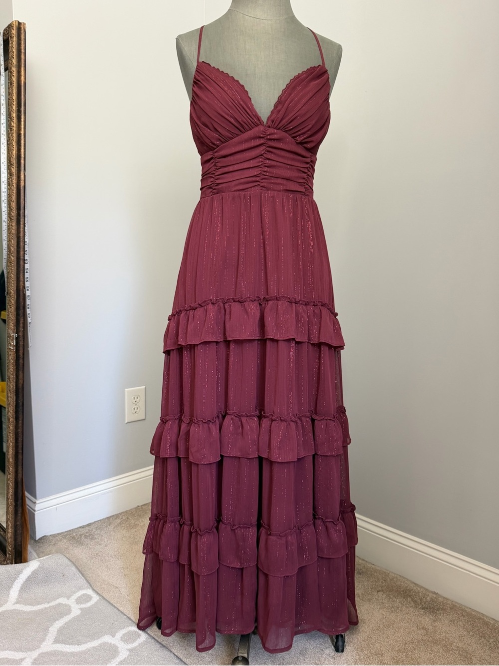 Altar'd State Estelle Shimmer Tiered Ruffle Maxi Dress Wine Burgundy Size XL